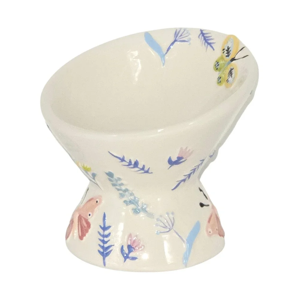 Mellow & Mod Raised Ceramic Cat Food Water Bowl‎ Butterfly Embossed Hand Painted